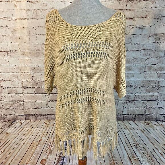 ee:some Womens Open Knit Top Fringe Acrylic Blend Short Sleeve Tan Taupe Medium - Picture 1 of 8